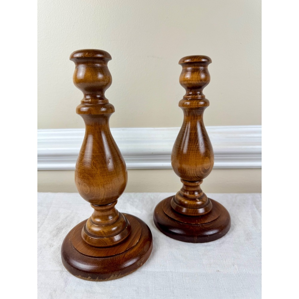 Vintage Turned Wood Candlestick Holders Set 2 Brown Cottagecore Taper Pillars 9"